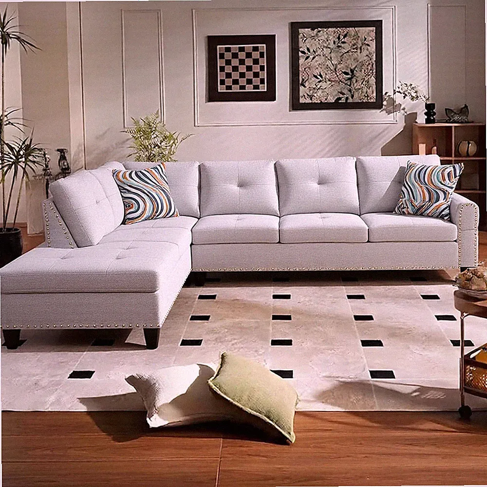 Modern L-Shaped Sectional Sofa with Chaise & Cup Holders - Grey White