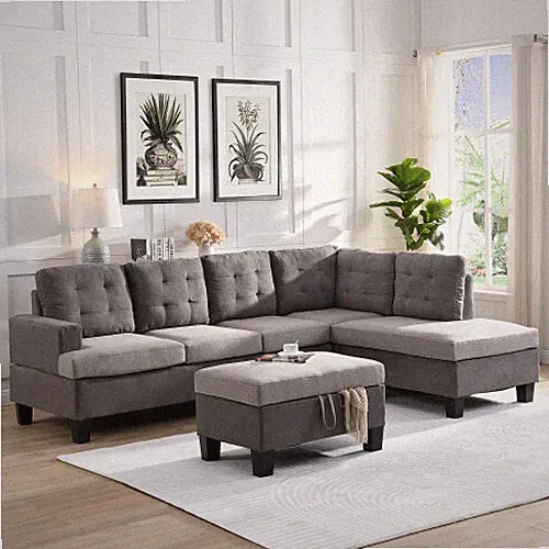 Modern L-Shaped Sectional Sofa with Chaise Lounge and Storage Ottoman Couch Set
