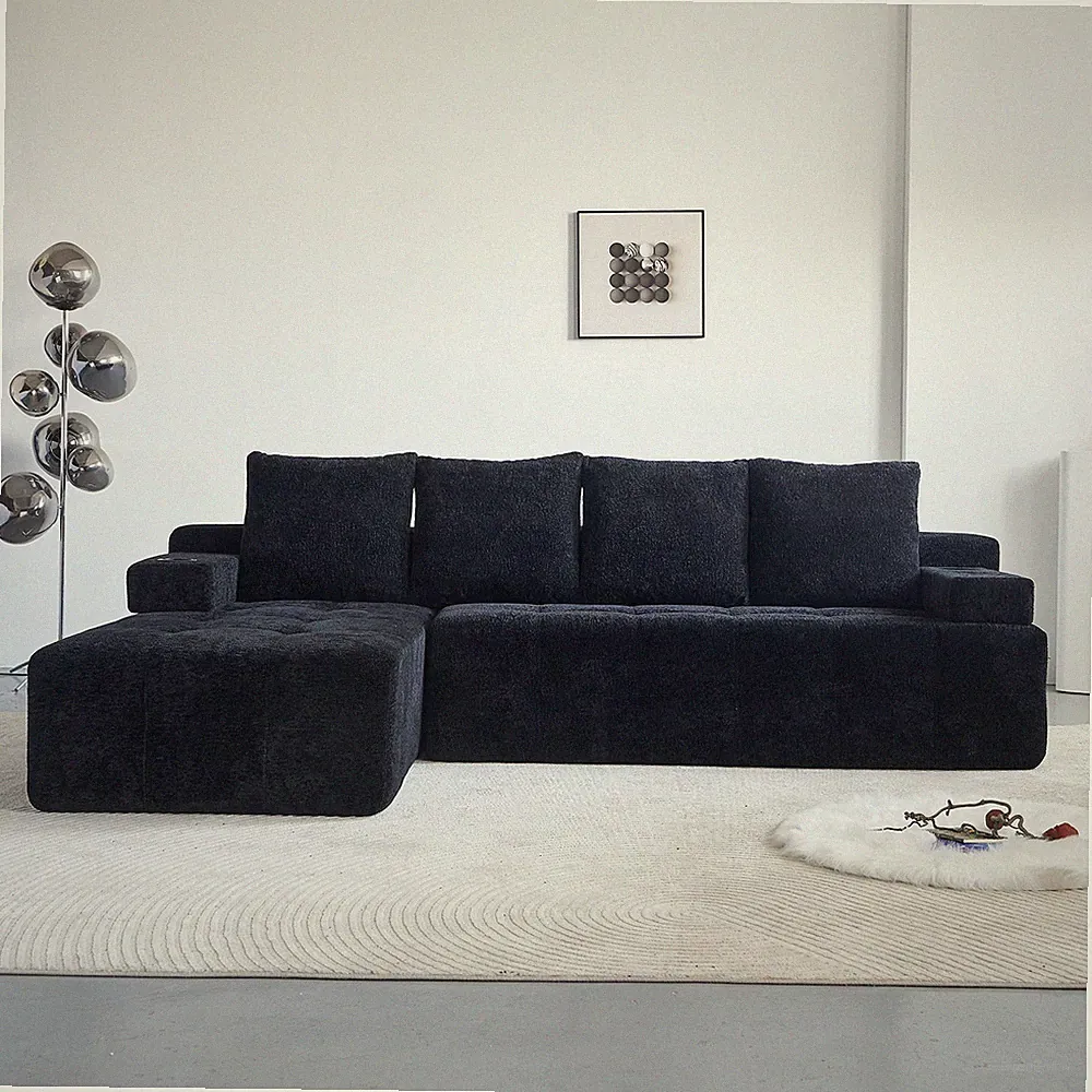 Modern L-Shaped Sectional Sofa with Chaise, USB, Wireless Charging, Black