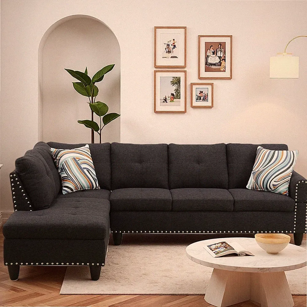 Modern L-Shaped Sectional Sofa with Cup Holder, 4-Seater Fabric Couch with Chais