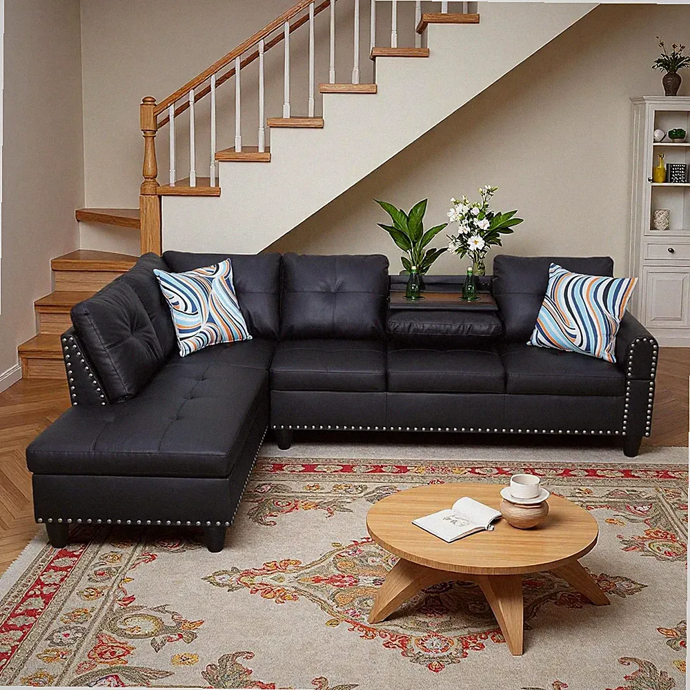Modern L-Shaped Sectional Sofa with Cup Holders, Black Leather, 4-Seater