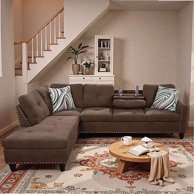 Modern L-Shaped Sectional Sofa with Cup Holders - Brown 4-Seat Couch
