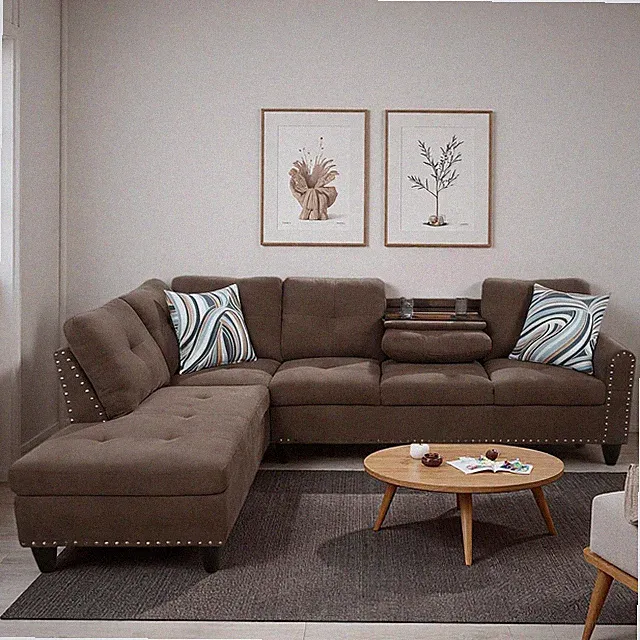 Modern L-Shaped Sectional Sofa with Cup Holders - Brown Upholstered Couch