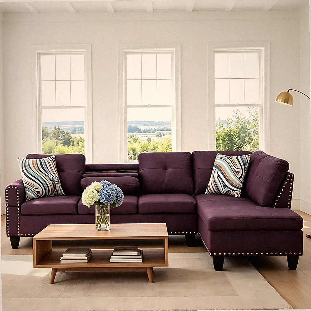 Modern L-Shaped Sectional Sofa with Cup Holders - Purple 4-Seat Couch