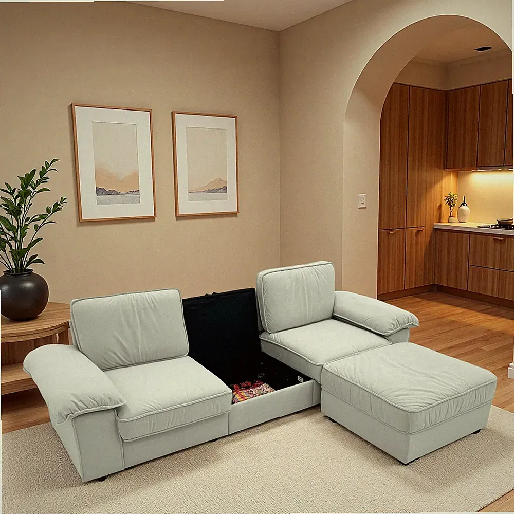 Modern L-Shaped Sectional Sofa with Hidden Storage Velvet Cream White