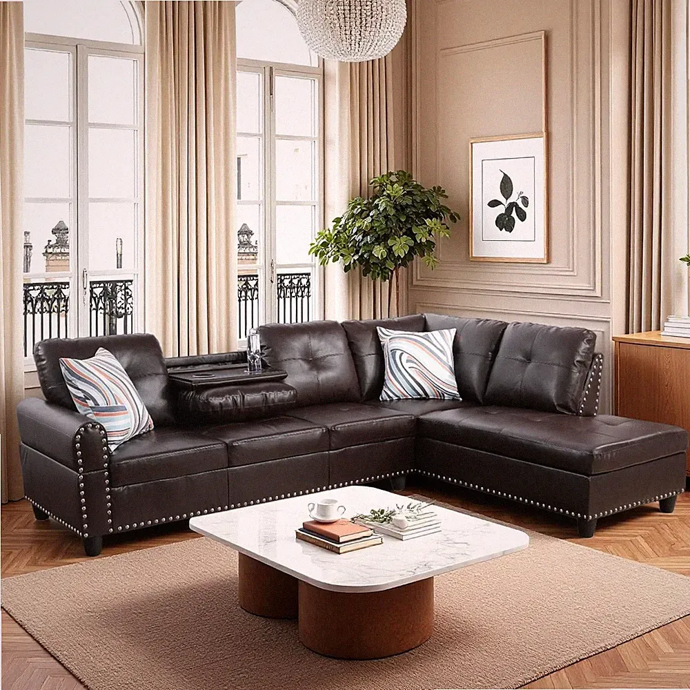 Modern L-Shaped Sectional Sofa with Movable Chaise, 4-Seater Couch in Brown