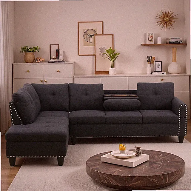 Modern L-Shaped Sectional Sofa with Movable Chaise & Cup Holder, Black Grey