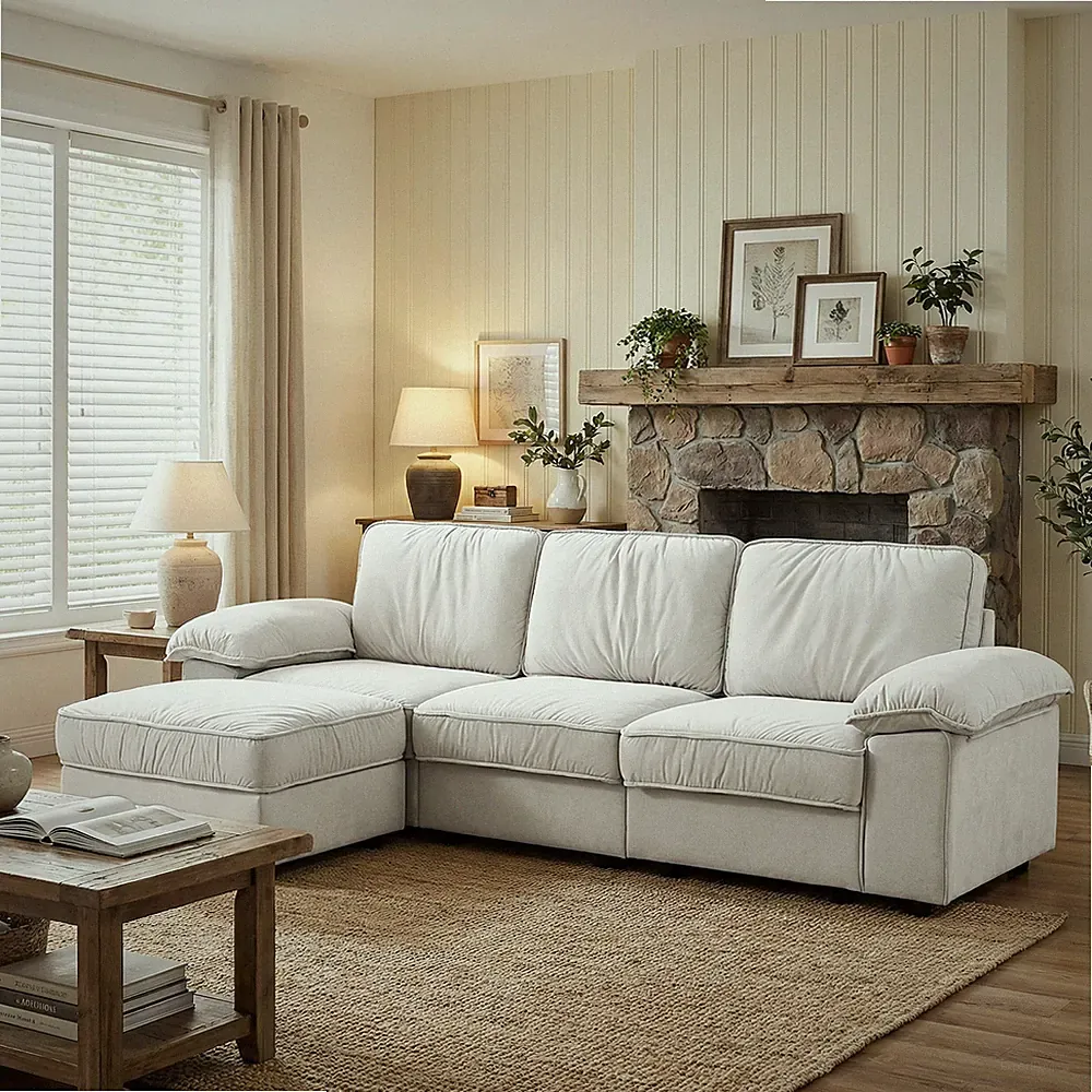 Modern L-Shaped Sectional Sofa with Ottoman 105.5" Cream White