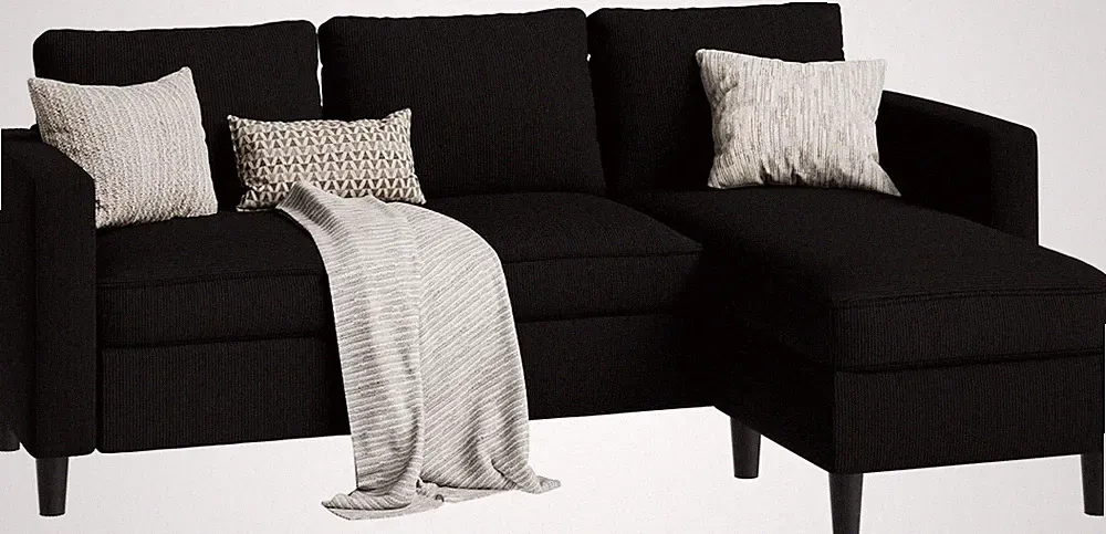 Modern L-Shaped Sectional Sofa with Reversible Ottoman in Matte Black