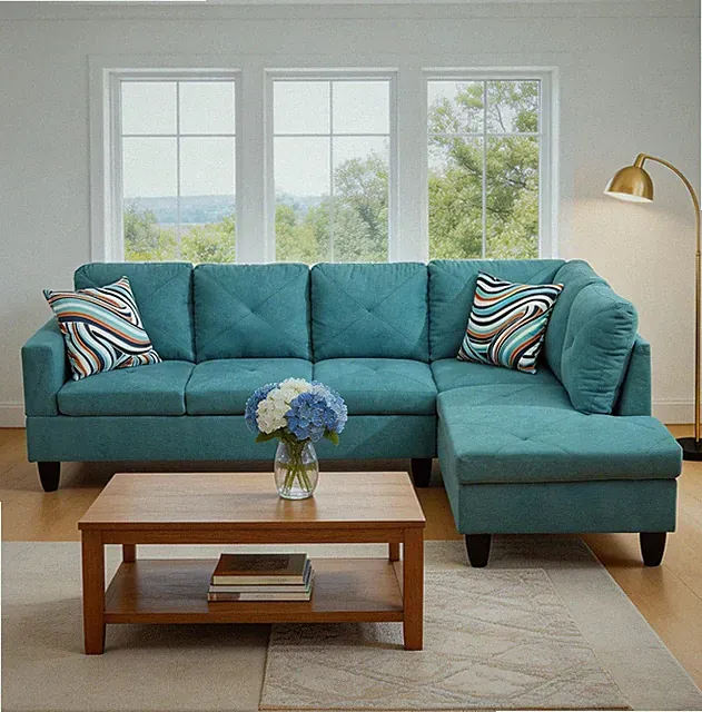 Modern L-Shaped Sectional Sofa with Right Chaise - 4-Seater in Blue