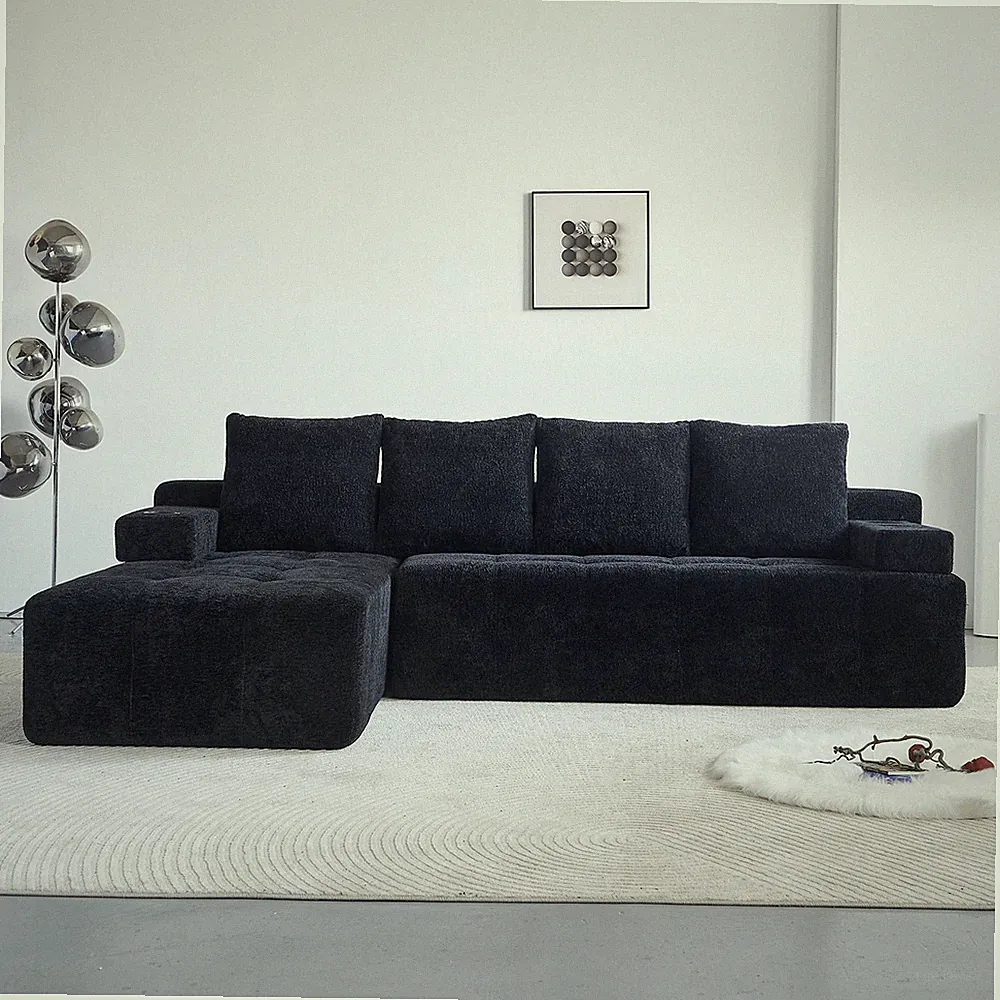 Modern L-Shaped Sectional Sofa with USB Charging, Bluetooth Speaker, Black