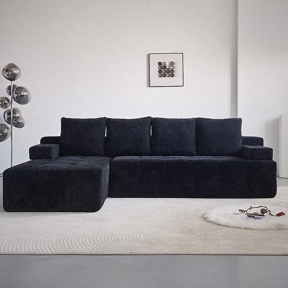 Modern L-Shaped Sectional Sofa with USB Ports, Wireless Charging, Black