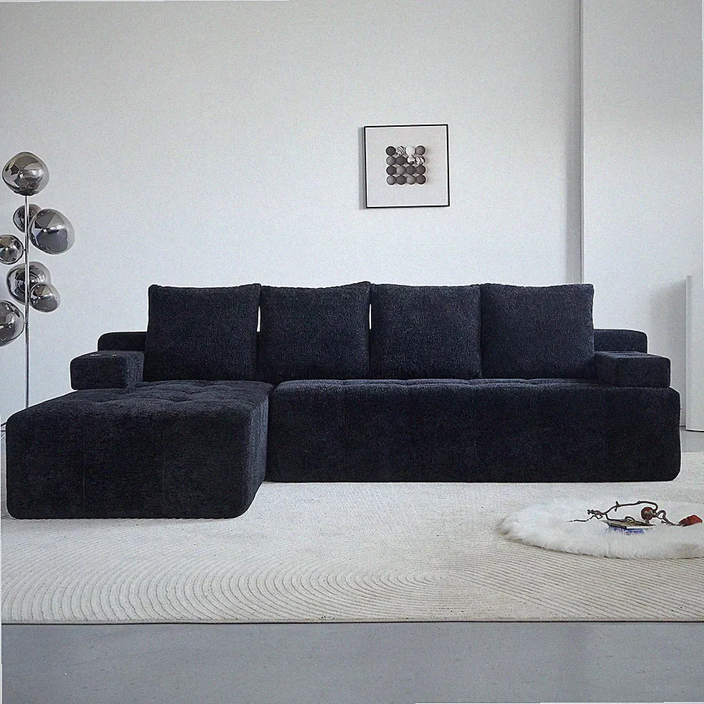 Modern L-Shaped Sectional Sofa with USB Ports, Wireless Charging, Black
