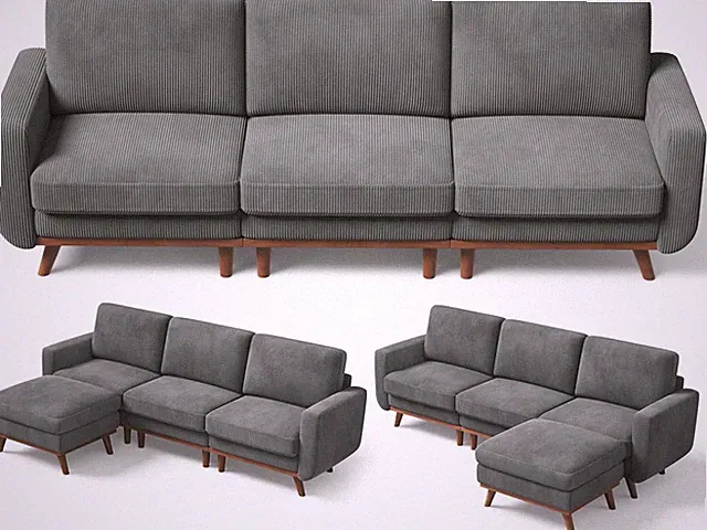 Modern L-Shaped Sofa with Ottoman, Comfy Corduroy in Dark Gray