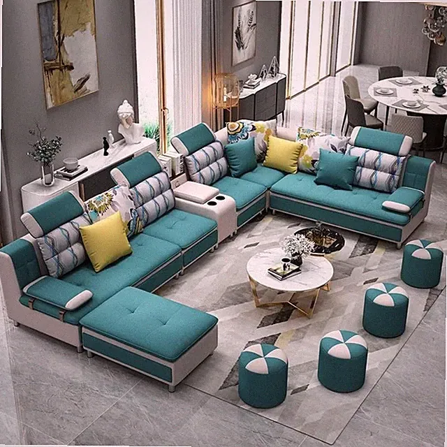 Modern Lavish U-shaped Green Fabric Sectional Sofa