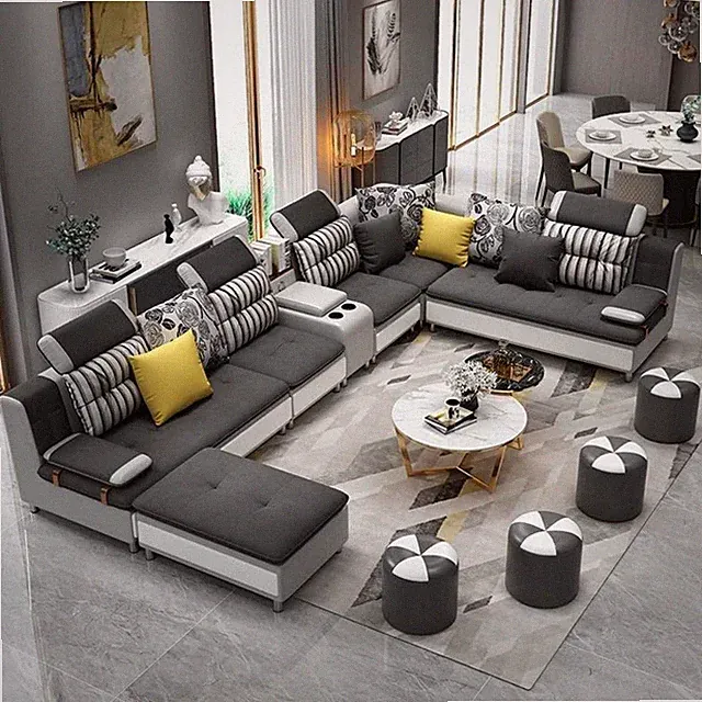 Modern Lavish U-shaped Grey Fabric Sectional Sofa