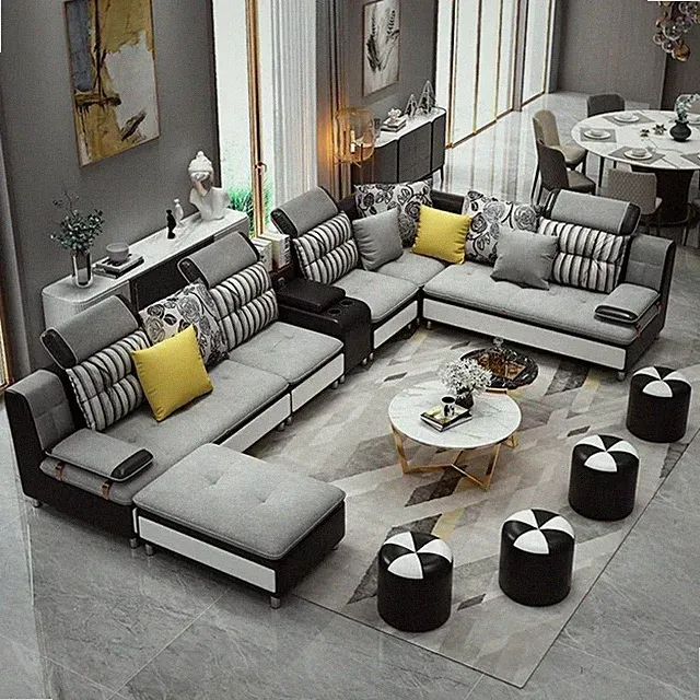Modern Lavish U-shaped Light Grey Fabric Sectional Sofa