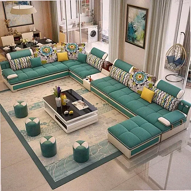 Modern Lavish U-shaped Sea-Green Fabric Sectional Sofa