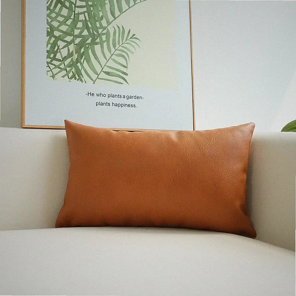 Modern Leather Throw Pillow Cover for Couch Sofa Bed 12 x 20 Inch 100% Faux L...