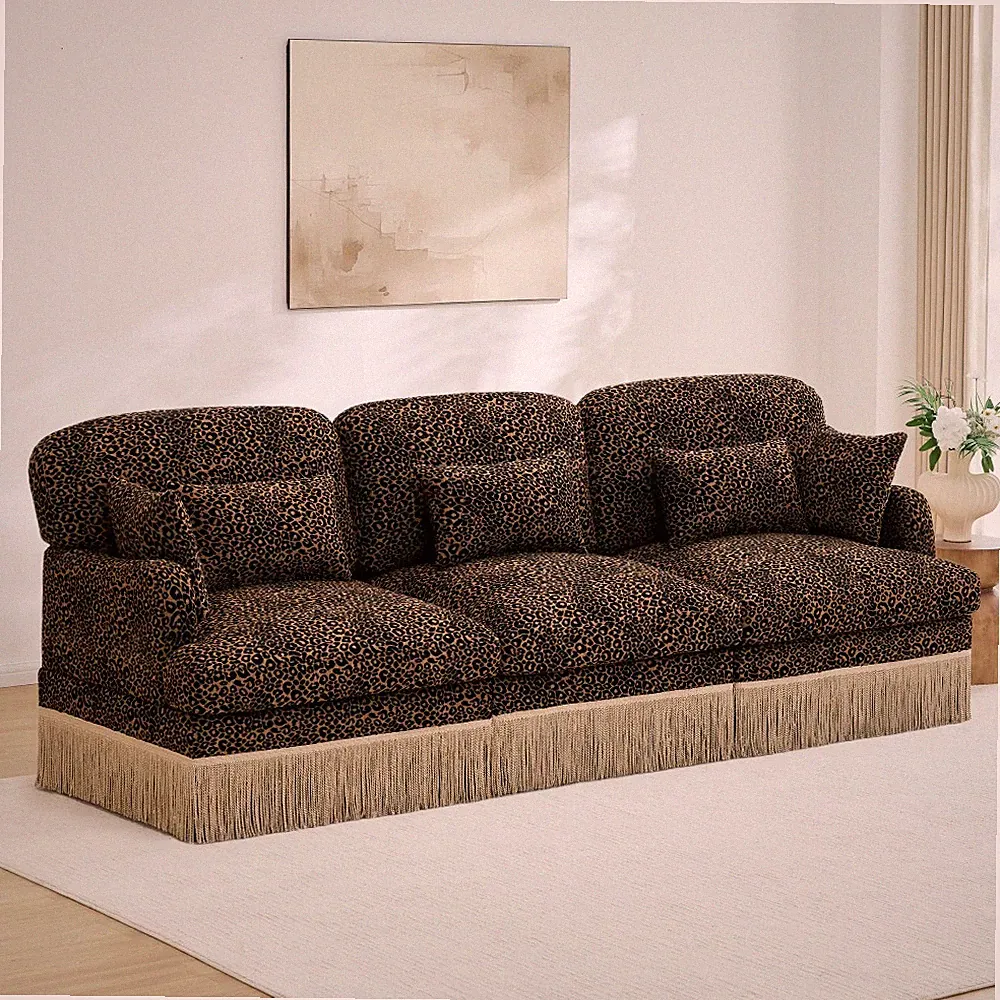 Modern Leopard Print Chenille 3-Seater Modular Sectional Sofa w/Tassels