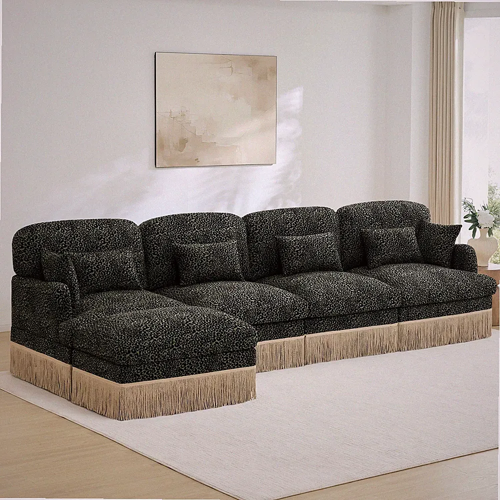 Modern Leopard Print Chenille Sectional Sofa L-Shape w/Ottoman, 4 Seats, Green