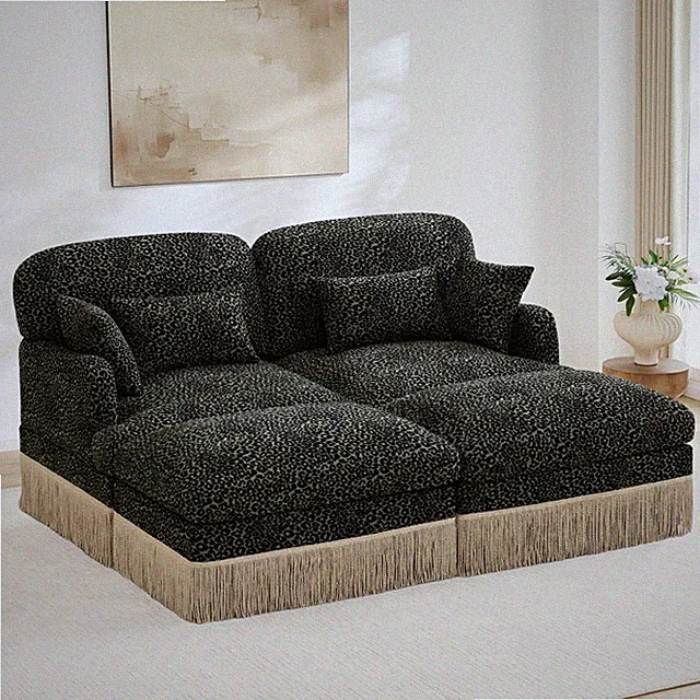 Modern Leopard Print Loveseat Sofa Removable Ottoman Chenille Fabric
