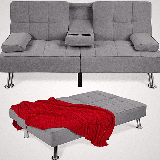 Modern Linen Convertible Futon Sofa Bed W/ Removable Armrests, Metal Legs Cuphol