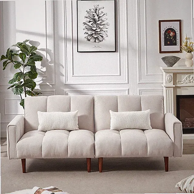 Modern Linen Futon Sofa Bed Beige Convertible Tufted Couch Sleeper for Apartment