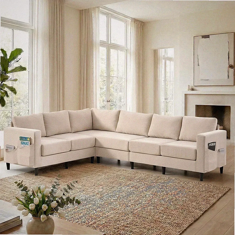 Modern Linen Sectional Couch, L Shaped Sofa,5 Seat Corner Sofa with Side Pockets
