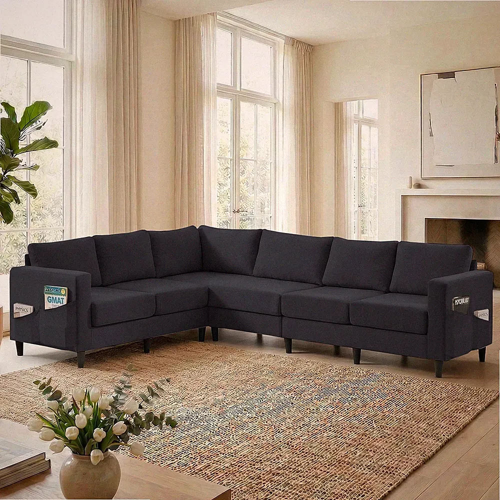 Modern Linen Sectional Couch, L Shaped Sofa,5 Seat Corner Sofa with Side Pockets