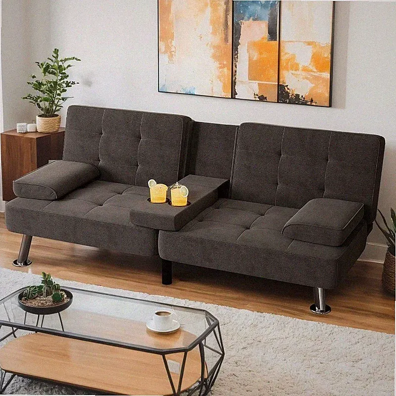 Modern Linen Upholstered Convertible Folding Futon Sofa Bed Removable Armrests
