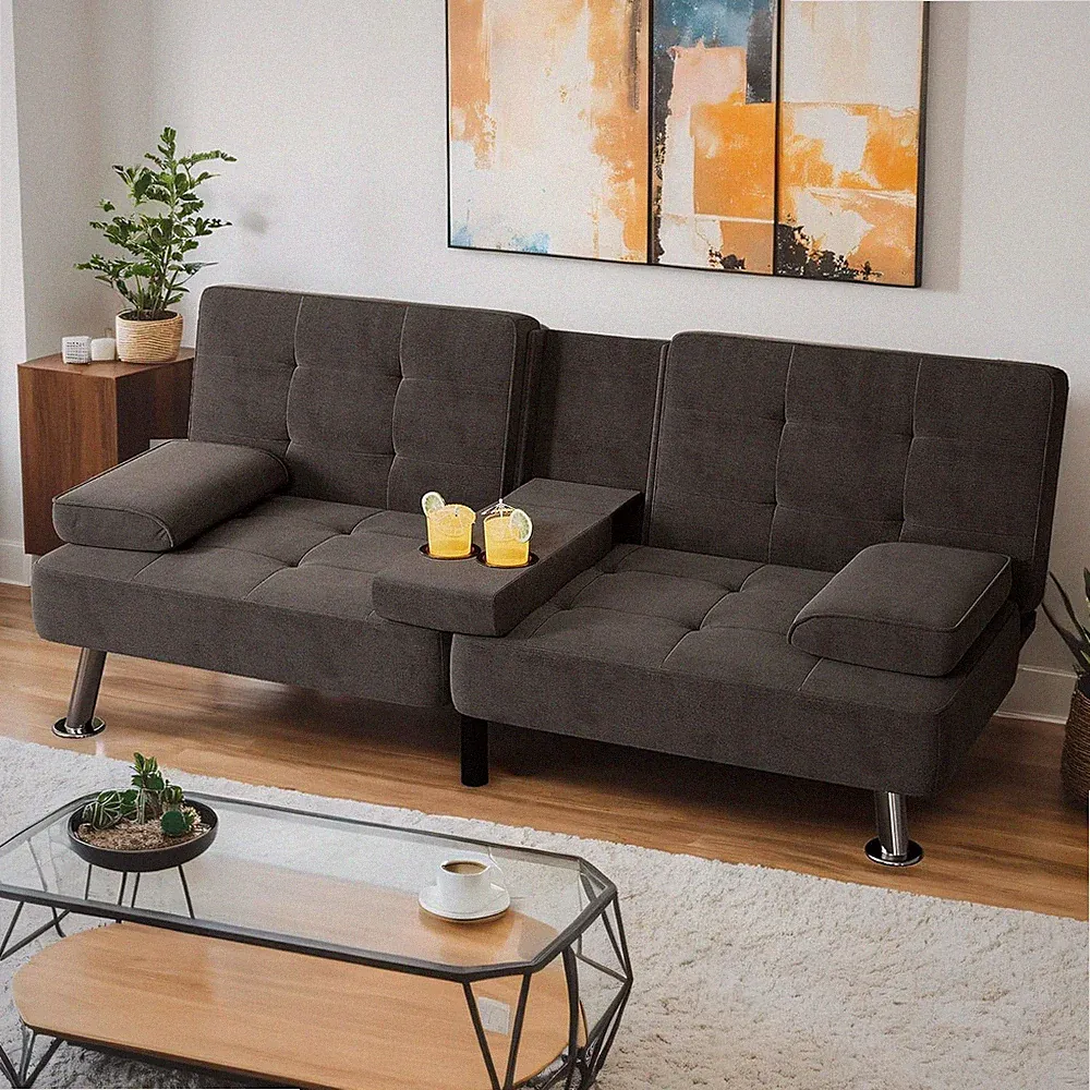 Modern Linen Upholstered Convertible Folding Futon Sofa Bed with