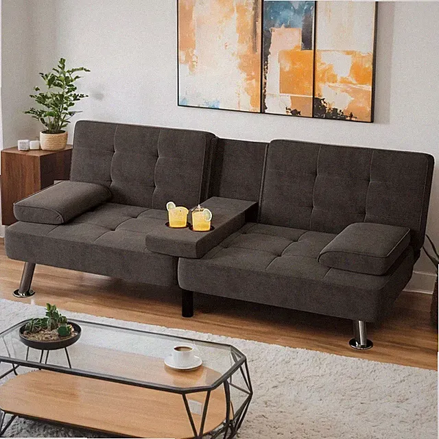 Modern Linen Upholstered Convertible Folding Futon Sofa Bed with Removable Ar...