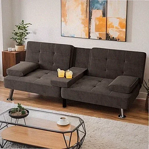 Modern Linen Upholstered Convertible Folding Futon Sofa Bed with Removable Armre