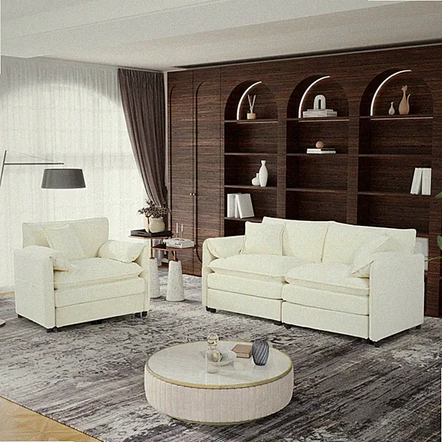 Modern Loveseat Set, 2-Piece Chenille Couch with 3 Pillows, Living Room Sofa
