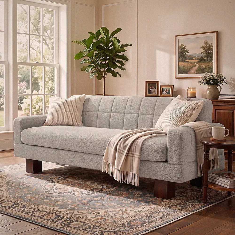 Modern Loveseat Sofa,Boucle Fabric Biscuit Back Loveseat w/Square Arms and Sin