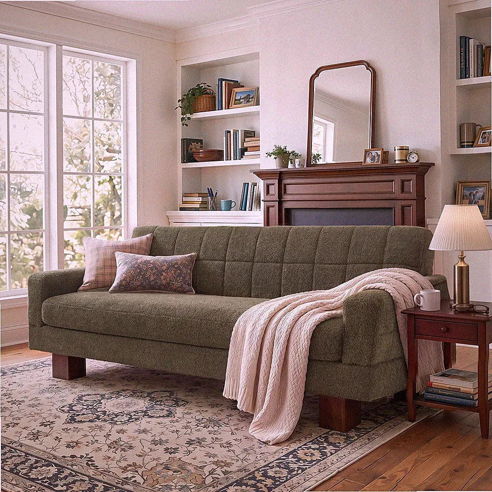 Modern Loveseat Sofa,Boucle Fabric Biscuit Back Loveseat w/Square Arms and Sing