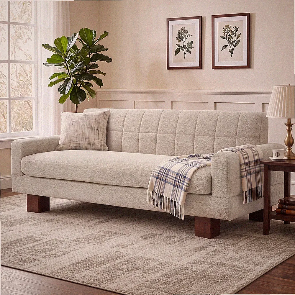 Modern Loveseat Sofa,Boucle Fabric Biscuit Back Loveseat w/Square Arms and Singl