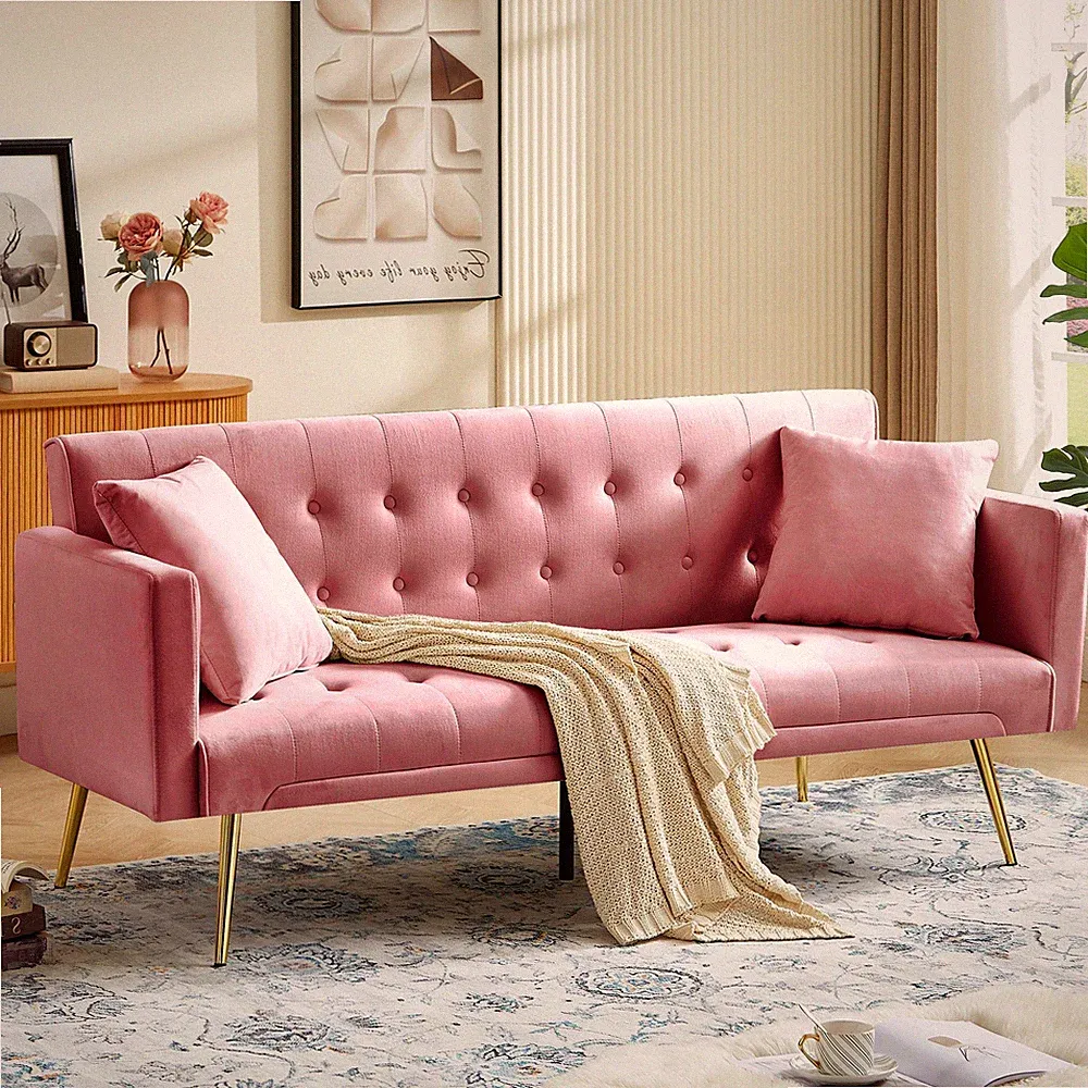 Modern Loveseat Velvet Futon Sofa Bed Pink Convertible Tufted Split-Back