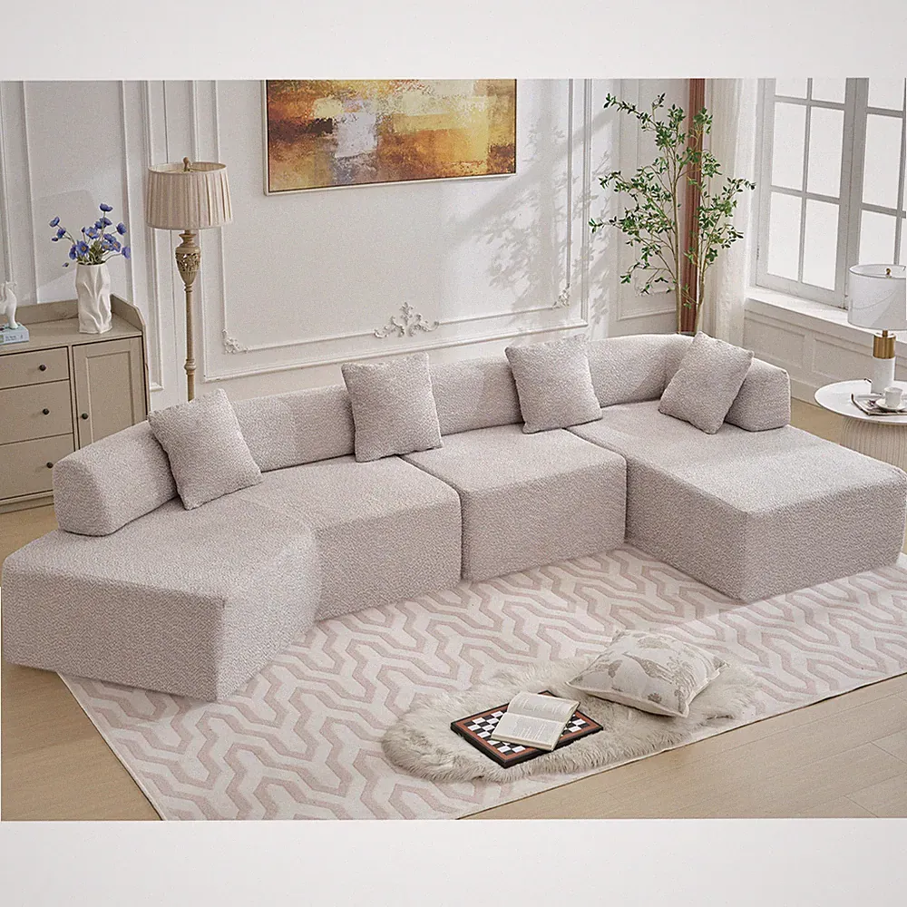 Modern Minimalist 140" L-Shape Boucle Modular Sofa with Chaise Gray