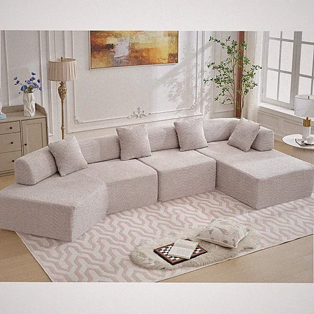 Modern Minimalist 140" L-Shape Modular Sofa with Chaise, Boucle, 4-Seat, Gray