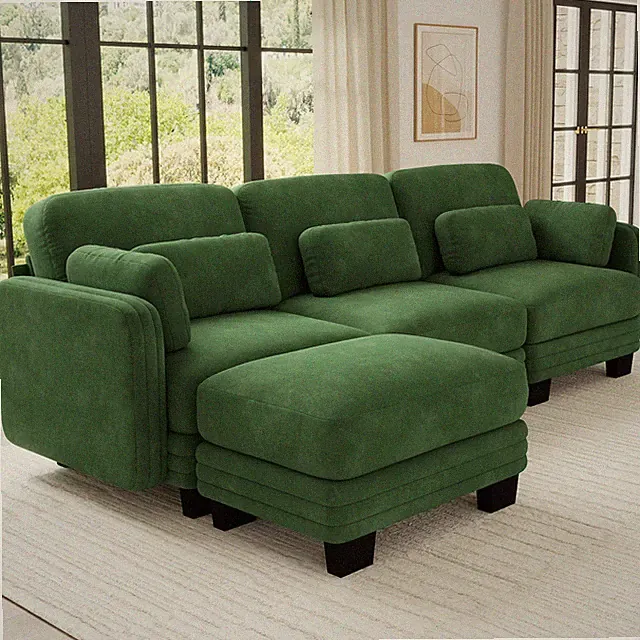 Modern Minimalist 3-Seater L-Shape Sectional Sofa with Ottoman