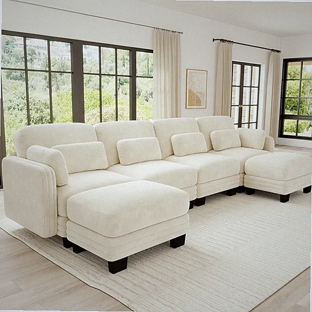 Modern Minimalist 4-Seater U-Shape Sectional Sofa Brown Chenille