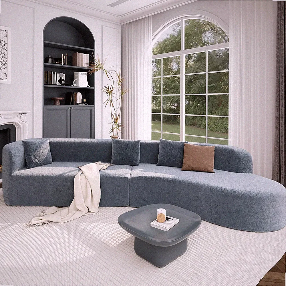 Modern Minimalist Blue Curved Chenille Sectional Sofa with 3 Pillows