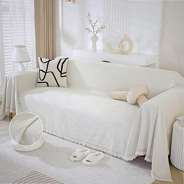 Modern Minimalist Chenille Couch Cover for 3-Seat Sofa in Cream White