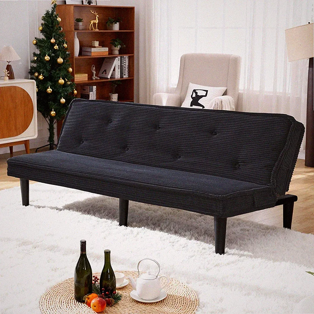 Modern Minimalist Corduroy Futon Sofa Bed Black Button Design Sleeper Apartment