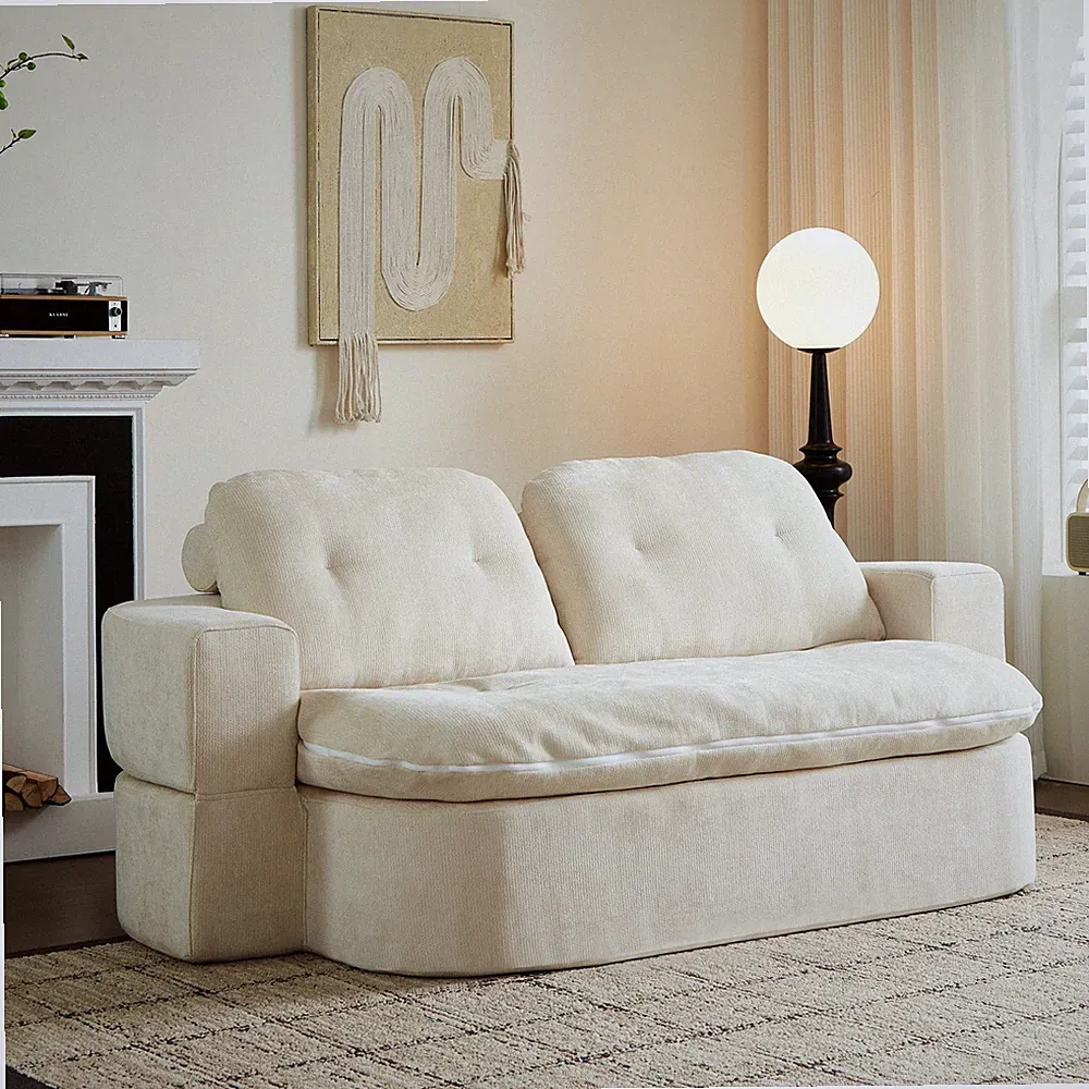 Modern Minimalist Corduroy Futon Sofa Bed Cream Foldable Folding Convertible