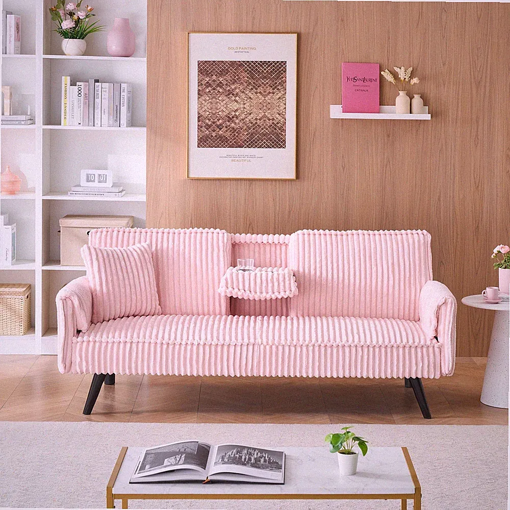 Modern Minimalist Corduroy Futon Sofa Bed Pink Pull-Out Loveseat Cup Holder