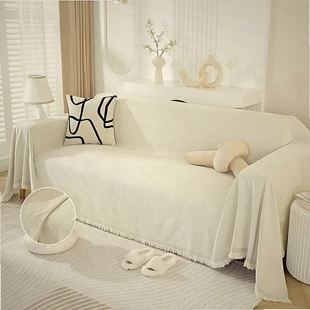 Modern Minimalist Cream Couch Cover - Washable Chenille Pet Protector 71"x150