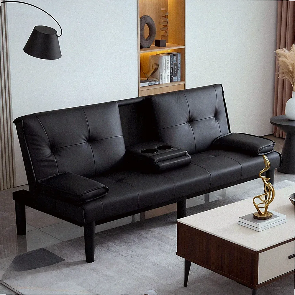 Modern Minimalist Faux Leather Futon Sofa Bed Black Foldable Folding Convertible